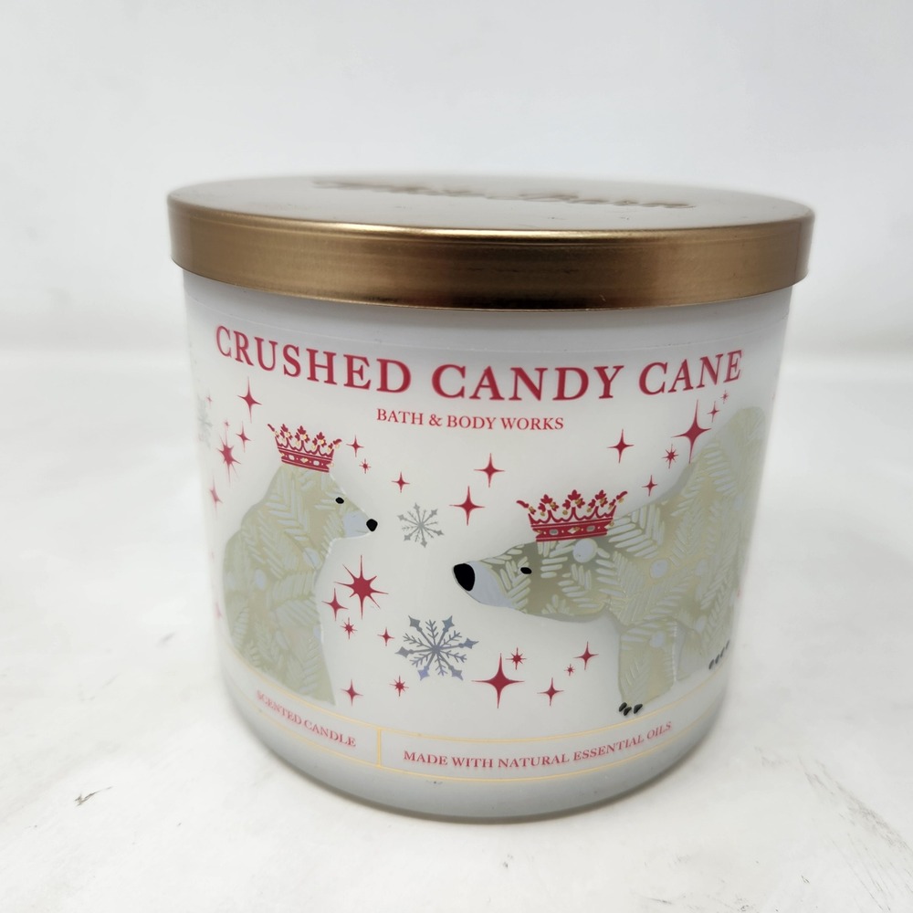 Bath Body Works Crushed Candy Cane 3 Wick Candle 14.5 oz White Barn Polar Bear